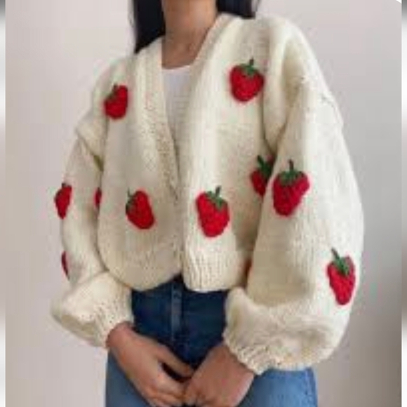 Forever 21 Sweaters - Chunky Knit Cream Cardigan with Strawberry Embroidery Oversize Fit